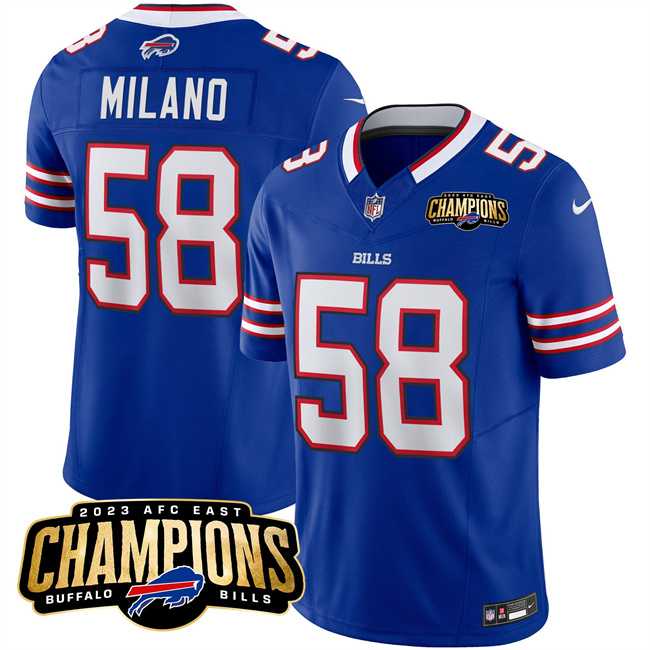 Men & Women & Youth Buffalo Bills #58 Matt Milano Blue 2023 F.U.S.E. AFC East Champions Ptach Stitched Jersey